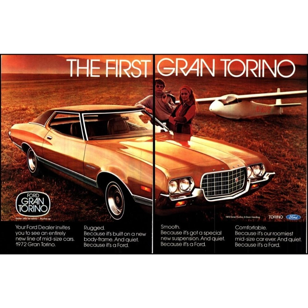1972 Ford Gran Torino Hardtop 2 Page Vintage Print Ad White Glider Plane Art